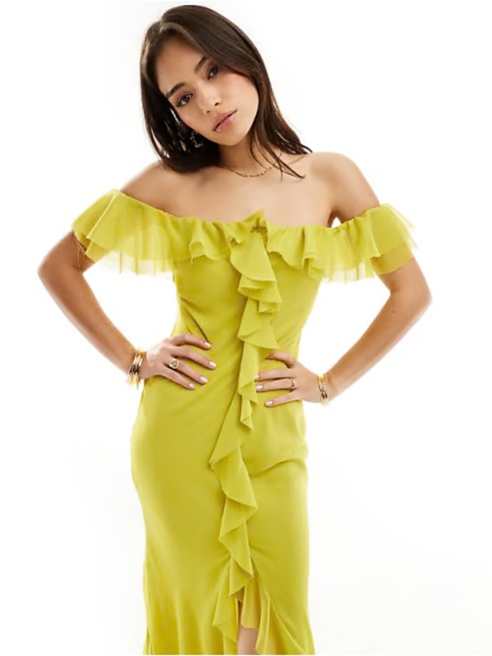 ASOS Off-Shoulder Ruffle Midi Dress in Lime Green